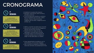 CRONOGRAMA
1ª
SEMANA
6 SESIONES
A REPARTIR ENTRE
LENGUA, PLÁSTICA Y
GEOGRAFÍA E HISTORIA
SET TARGETS
3ª
SEMANA
6 SESIONES
A REPARTIR ENTRE
TECNOLOGÍA Y PLÁSTICA
2ª
SEMANA
10 SESIONES
A REPARTIR ENTRE
PLÁSTICA, TECNOLOGÍA,
MÚSICA, LENGUA,
GEOGRAFÍA E HISTORIA
Establecer los pasos del proyecto
Recopilar información sobre artistas y
periodos artísticos
Luvia de ideas para diseñar el artefacto
final incluyendo qué incluirán: vídeos,
enlaces, música, línea de tiempo,
imágenes de las obras, imágenes de los
artistas, etc.
Definir y escribir los textos que incluirán
Elección y/o creación de las imágenes y
demás recursos que utilizarán
Diseño final con cada uno de los
apartados y recursos que incluirán
Investigar sobre las herramientas de
creación posibles para el artefacto y
elegir la más adecuada a su diseño.
Crear digitalmente el artefacto con la
herramienta y los recursos elegidos.
Dar a conocer su proyecto y artefacto al
resto del centroen una presentación final.
 