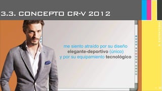 JoanEstornell
3.3. CONCEPTO CR-V 2012
JoanEstornell
3.ESTRATEGIA
me siento atraído por su diseño
elegante-deportivo (único)
y por su equipamiento tecnológico
JoanEstornell
2101
 