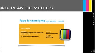 4.3. PLAN DE MEDIOS
4.ACCIONES
JoanEstornell
fase lanzamiento (NOVIEMBRE - ENERO)
TELEVISIÓN
prime time
PROGRAMAS DEPORTIVOS (LA SEXTA)
La Liga de fútbol
EL HORMIGUERO (ANTENA 3)
soporte
spot 30”
y sobreimpresiones
spot 30”
y morphing
2136
 