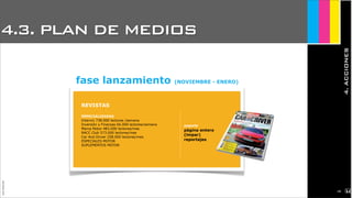 JoanEstornell
REVISTAS
ESPECIALIZADAS
Interviú 738.000 lectores /semana
Inversión y Finanzas 66.000 lectores/semana
Marca Motor 483.000 lectores/mes
RACC Club 573.000 lectores/mes
Car And Driver 258.000 lectores/mes
ESPECIALES MOTOR
SUPLEMENTOS MOTOR
soporte
página entera
(impar)
reportajes
fase lanzamiento (NOVIEMBRE - ENERO)
4.3. PLAN DE MEDIOS
4.ACCIONES
2140
 