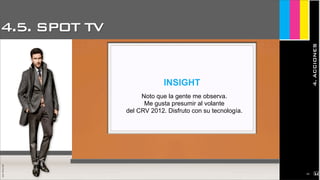 4.5. SPOT TV
4.ACCIONES
JoanEstornell
INSIGHT
Noto que la gente me observa.
Me gusta presumir al volante
del CRV 2012. Disfruto con su tecnología.
JoanEstornell
2151
 