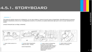 4.5.1. STORYBOARD
4.ACCIONES
JoanEstornell
_escena 1
Una pareja de adultos duerme en la habitación, en una casa moderna, cuando de pronto suena el despertador. Automáticamente la persiana
empieza a levantarse y entra la luz. El protagonista se asoma a la ventana y se queda observando algo que no se ve (y que resultará ser el
coche).
(música tranquila tipo Le refuge, ambiente)
1_(plano medio) pareja en la
cama.
2_(primer plano) despertador-
mesita de noche - sonando
(sonido despertador)
3_(plano medio) el protagonista
en la cama y se ve como la
ventana que está al lado empieza a
subirse automáticamente, porque
está programada para que se
levante cuando suena el
despertador.
4_(plano medio) el hombre
mirando por la ventana.
2154
 