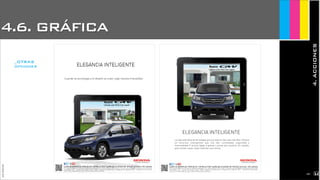 4.6. GRÁFICA
4.ACCIONES
JoanEstornell
ELEGANCIA INTELIGENTE ELEGANCIA INTELIGENTEELEGANCIA INTELIGENTE
ELEGANCIA INTELIGENTE
Cuando la tecnología y el diseño se unen, algo resulta irresistible.
La vida está llena de tecnología que nos hace el día a día más fácil. Vivimos
en entornos inteligentes que nos dan comodidad, seguridad y
funcionalidad. E incluso llegan a pensar y actuar por nosotros. En cambio,
para ciertas cosas, mejor hacerlas uno mismo.
Nuevo
_OTRAS
opciones
Llévate este iPad 3 de regalo
Nuevo
Llévate este iPad 3 de regalo
5 años de garantía sin límite de km. Llévate un iPad 3 gratis por la compra del vehículo (promoción 1000 unidades)
PVP recomendado en Península y Baleares para un CR-V Motor diesel i-DTEC 150CV. Tracción 4x4 inteligente a tiempo real. Alto nivel
tecnológico. ACC – control de crucero activo. CMBS –sistema de prevención y mitigación de impactos. AFS – sistema de iluminación
activo. Gran capacidad de carga. Oferta válida hasta 31/12/2012.
5 años de garantía sin límite de km. Llévate un iPad 3 gratis por la compra del vehículo (promoción 1000 unidades)
PVP recomendado en Península y Baleares para un CR-V Motor diesel i-DTEC 150CV. Tracción 4x4 inteligente a tiempo real. Alto nivel
tecnológico. ACC – control de crucero activo. CMBS –sistema de prevención y mitigación de impactos. AFS – sistema de iluminación
activo. Gran capacidad de carga. Oferta válida hasta 31/12/2012.
2163
 