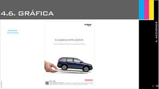 4.6. GRÁFICA
4.ACCIONES
JoanEstornell
ELEGANCIA INTELIGENTE
Cuando la tecnología y el diseño se unen, algo resulta irresistible.
Nuevo
5 años de garantía sin límite de km. PVP recomendado en Península y Baleares para un CR-V Motor diesel i-DTEC 150CV.
Tracción 4x4 inteligente a tiempo real. Alto nivel tecnológico. ACC – control de crucero activo. CMBS –sistema de prevención y
mitigación de impactos. AFS – sistema de iluminación activo. Gran capacidad de carga. Oferta válida hasta 31/12/2012.
_OTRAS
opciones
2164
 
