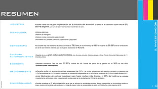 JoanEstornell
resumen
‣España cuenta con una gran implantación de la industria del automóvil. El sector de la automoción supone más del 6%
del PIB español, y es una de las industrias más importantes del país.
‣España tiene una gran cultura automovilística, con diversos circuitos. Valencia acoge el Gran Premio Comunitat Valenciana de F1.
Grandes pilotos.
INDUSTRIA
CULTURA
AUTOMOVILÍSTICA
‣En España hay una esperanza de vida que ronda los 78.8 años en los hombres y de 84.8 en mujeres. El 59.58% de los conductores
con el B2 son hombres mientras que las mujeres representan el 40.52%.
DEMOGRAFIA
‣Motores eléctricos
‣Motores de hidrógeno
‣Motores mixtos (combustión y electricidad)
‣Novedades en: pantallas, eficiencia, aplicaciones y seguridad
‣España sufre un aumento en las emisiones de CO2. Los coches adquiridos el año pasado supusieron un descenso del
3,7% de emisiones de CO2. El sector transporte en carretera es responsable del 25.45% de las emisiones de CO2 en España durante 2011.
‣Los fabricantes de coches investigan para hacer coches más limpios. El 80% del ruido de las ciudades
procede de los vehículos a motor. La gente está concienciada de los problemas del CO2 en la atmósfera.
TECNOLOGÍA
MEDIOAMBIENTE
‣Recesión económica. Tasa de paro: 22.85%. Subida del IVA. Subida del precio de la gasolina en un 56% en tres años.
Subvenciones inexistentes.
ECONOMÍA
‣España encadena su 8º año consecutivo en el que se reducen los accidentes mortales. Mayor siniestralidad en los hombres (existe un
mayor número de hombres que conducen).La franja de mayor índice de siniestralidad es entre los 16-24 años y los mayores de 65.
SINIESTRALIDAD
2.INVESTIGACIÓN
218
 