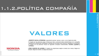 ‣RESPETO HACIA LA PERSONA: capacidad de pensar, razonar y crear, y con el talento de soñar.
El respeto por las personas exige a Honda que nutra y promueva estas características en su compañía,
respetando las diferencias individuales y fiándose de los demás como socios en igualdad de condiciones.
El respeto por las personas incluye los siguientes conceptos fundamentales: iniciativa, igualdad y
confianza.
JoanEstornell
VALORES
‣TRES FUENTES DE ALEGRÍA: El objetivo es proporcionar alegría a través de la marca. Alegría de
comprar, alegría de vender y la alegría de producir.
1.1.2.POLÍTICA COMPAÑÍA
1.1.EMPRESA
2195
 