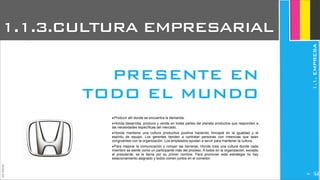 JoanEstornell
‣Producir allí donde se encuentra la demanda.
‣Honda desarrolla, produce y vende en todas partes del planeta productos que responden a
las necesidades específicas del mercado.
‣Honda mantiene una cultura productiva positiva haciendo hincapié en la igualdad y el
espíritu de equipo. Los gerentes tienden a contratar personas con creencias que sean
congruentes con la organización. Los empleados ayudan a servir para mantener la cultura.
‣Para mejorar la comunicación y romper las barreras, Honda crea una cultura donde cada
miembro se siente como un participante más del proceso. A todos en la organización, excepto
el presidente, se le llama por su primer nombre. Para promover esta estrategia no hay
estacionamiento asignado y todos comen juntos en el comedor.
PRESENTE EN
TODO EL MUNDO
1.1.3.CULTURA EMPRESARIAL
1.1.EMPRESA
2196
 