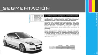 JoanEstornell
Fuente: Anfac
1. Renault Megane 22994
2. Volksvagen Golf 20.877
3. Seat León 20.335
4. Ford Focus 19.813
5. Opel Astra 16.961
6. Citroën C4 16.067
totventas
GASOLINA DIESEL %CUOTA 2011
Segmento C%
%2010-2011
7,4 19.3 26.7
--12,6 -23,9
El segmento C es un segmento de automóviles que se ubica entre los
segmentos B y D. Generalmente tienen espacio para cinco adultos, y
para dos niños más en el caso de monovolúmenes de siete plazas.
En los años 1980, a este segmento se le denominaba a veces "cuatro
metros", ya que los modelos solían tener esa longitud. Actualmente,
estos vehículos miden aproximadamente 4,30 m de largo en carrocería
hatchback (5 puertas) o monovolumen de cinco plazas y 4,50 m en el
caso de carrocerías sedán, familiar, todoterreno o monovolumen de
siete plazas.
Hoy en día, los modelos estándar suelen tener motores de cuatro
cilindros de entre 1.4 y 2.0 litros de cilindrada y potencias entre los 90 y
los 140 CV por término medio. Los más deportivos pueden alcanzar los
3.2 litros de cilindrada, en algunos casos tienen cinco cilindros en línea
o seis cilindros en "V" y pueden desarrollar potencias máximas hasta
aproximadamente 270 CV.
C - (inferior medio, compacto, compacto medio)
Fuente: Briefing
_SEGMENTACIÓN
1.2.MERCADO
2200
 