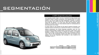 JoanEstornell
Fuente: Anfac
Una furgoneta, buseta, furgón o van es un automóvil de carga utilizado para
transportar bienes o grupos de personas. Una furgoneta tiene en la parte
posterior una zona de carga de formas ortogonales y techada, al contrario
que una pickup, que la tiene al aire libre. En algunos casos, esta zona tiene
varias filas de asientos, y en otros está vacía para transportar objetos
grandes. En el último caso, los vidrios laterales pueden ser reemplazados por
una continuación de la chapa.
El portón trasero es casi siempre de dos hojas de apertura horizontal. Una
furgoneta suele ser más alta que un automóvil de turismo y un monovolumen.
Algunas excepciones son ciertas furgonetas pequeñas, como las Ford
Connect, Renault Kangoo, Peugeot Partner, Fiat Fiorino y Opel Combo, cuyos
frontales no difieren mucho del de un automóvil de turismo y los asientos
delanteros van bajos. Aunque también se utiliza para la furgoneta el término
«van», éste es más propiamente utilizado para definir los remolques para
caballos. Una de las furgonetas más conocidas a nivel mundial es la
Volkswagen Combi T1.
K MPV (furgoneta pequeña)
GASOLINA DIESEL %CUOTA 2011
Segmento kmpv%
%2010-2011
1,4 9,7 11,1
19 -20.2
Fuente: Briefing
_SEGMENTACIÓN
1.2.MERCADO
2206
 