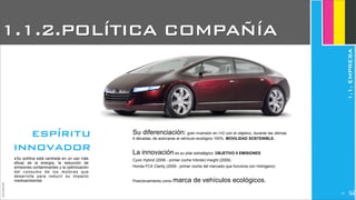 Su diferenciación: gran inversión en I+D con el objetivo, durante las últimas
4 décadas, de acercarse al vehículo ecológico 100%. MOVILIDAD SOSTENIBLE.
La innovación es su pilar estratégico: OBJETIVO 0 EMISIONES
Cyvic Hybrid (2006 - primer coche híbrido) Insight (2009)
Honda FCX Clarity (2009 - primer coche del mercado que funciona con hidrógeno)
Posicionamiento como marca de vehículos ecológicos.
JoanEstornell
espíritu
innovador
1.1.2.POLÍTICA COMPAÑÍA
1.1.EMPRESA
‣Su política está centrada en un uso más
eficaz de la energía, la reducción de
emisiones contaminantes y la optimización
del consumo de los motores que
desarrolla para reducir su impacto
medioambiental.
222
 
