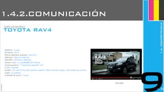 ‣MARCA:	 Toyota
‣Producto:	 Rav4
‣Pieza	 publicitaria	 analizada:	 Spot	 de	 tv
‣Mensaje:	 Marcar	 tendencias
‣Beneficio:	 Bienestar	 y	 liderazgo
‣Reason	 why:	 La	 versatibilidad	 del	 vehículo
‣Posicionamiento:	 “Todoterreno	 pequeño”	 4x4
‣Tono:	 Divertido
‣Insight:	 Con	 este	 coche	 todos	 querrán	 copiarme.	 Marco	 la	 línea	 a	 seguir	 y	 sólo	 porque	 soy	 pionero.
‣Claim:	 El	 auténtico	 
‣Umbrella	 de	 marca:	 Toyota
(ver el spot)
JoanEstornell
TOYOTA RAV4
COPY	 ESTRATEGY
9
1.4.2.COMUNICACIÓN
1.4.COMPETENCIA
2233
 