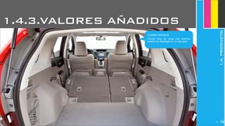 JoanEstornell
‣DISEÑO INTERIOR
Versátil área de carga (los asientos
traseros se despliegan en un solo paso
JoanEstornell
262
1.4.3.VALORES AÑADIDOS
1.4.PRODUCTO
 