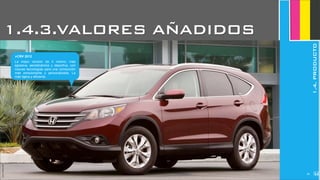 JoanEstornell
‣CRV 2012
La mejor versión de ti mismo; más
agresiva, aerodinámica y deportiva, con
nuevas tecnologías para una conducción
más emocionante y personalizada. La
más ligera y eficiente.
JoanEstornell
264
1.4.3.VALORES AÑADIDOS
1.4.PRODUCTO
 