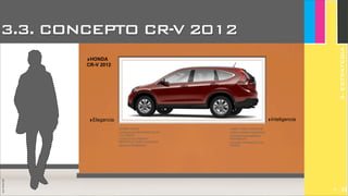 JoanEstornell
‣SABER ESTAR
‣CONJUGACIÓN PERFECTA DE
LAS LÍNEAS
‣CON ESTILO PROPIO:
DEPORTIVO PERO ELEGANTE
‣MARCA TENDENCIA
‣Elegancia
3.3. CONCEPTO CR-V 2012
‣HONDA
CR-V 2012
JoanEstornell
3.ESTRATEGIA
‣Inteligencia
‣SABE CÓMO CONDUCIR
‣INTELIGENCIA AVANZADA
‣TECNOLÓGICAMENTE
PREPARADO
‣HONDA: AVANZADO A SU
TIEMPO
296
 