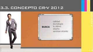 JoanEstornell
3.3. CONCEPTO CR-V 2012
3.ESTRATEGIA
calidad
tecnología
lo último
diseño
sentirse atraído
BUSCA
298
 
