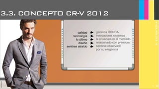 JoanEstornell
3.3. CONCEPTO CR-V 2012
JoanEstornell
3.ESTRATEGIA
garantía HONDA
innovadores sistemas
la novedad en el mercado
relacionado con premium
sentirse observado
por su elegancia
calidad
tecnología
lo último
diseño
sentirse atraído
299
 
