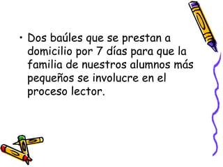 Dos baúles que se prestan a domicilio por 7 días para que la familia de nuestros alumnos más pequeños se involucre en el proceso lector. 