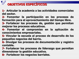 1-   Articular la academia a las actividades comerciales del sector. 2-  Fomentar la participación en los procesos de formación para el aprovechamiento del tiempo libre. 3-  Fortalecer los procesos de,   gestión   que permitan mejorar los procesos educativos. 4-  Fomentar el compromiso en la aplicación de conocimientos empresariales. 5-  Vincular la escuela al proceso de desarrollo de los pequeños negocios del barrio. 6-  Divulgar los procesos de documentación y registro contable.  7-  Fortalecer los procesos de liderazgo que permitan dimensionar la gestión educativa. 8-   Fortalecer los negocios barriales. OBJETIVOS ESPECÍFICOS 