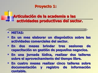 Articulación de la academia a las  actividades productivas del sector. METAS: En un mes elaborar un diagnóstico sobre las actividades comerciales del sector. En dos meses brindar tres sesiones de capacitación en gestión de pequeños negocios. En una jornada lúdica, realizar dos talleres sobre el aprovechamiento del tiempo libre. En cuatro meses realizar cinco talleres sobre documentación y registro de información contable. Proyecto 1:  