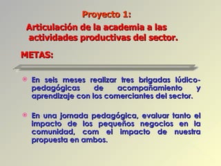 En seis meses realizar tres brigadas lúdico-pedagógicas de acompañamiento y aprendizaje con los comerciantes del sector. En una jornada pedagógica, evaluar tanto el impacto de los pequeños negocios en la comunidad, com el impacto de nuestra propuesta en ambos. Proyecto 1:  METAS: Articulación de la academia a las  actividades productivas del sector. 