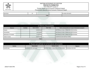 Modelo de Mejora 
SISTEMA INTEGRADO DE GESTION 
PROYECTO FORMATIVO 
F001-P006-GFPI versión 01 
Proceso Gestión de la Formación Profesional Integral 
Procedimiento Ejecución de la Formación Profesional Integral 
Aprendices 33 No existe información 
Total: 
4. Rubros presupuestales 
Recurso Cantidad Valor Unitario Valor Total Rubro presupuestal por el que se financiará el proyecto 
Equipos $ 39.500.000 MATERIALES PARA FORMACION PROFESIONAL 
Herramientas $ 8.700.000 MATERIALES PARA FORMACION PROFESIONAL 
Materiales de Formación $ 7.670.000 MATERIALES PARA FORMACION PROFESIONAL 
Talento Humano $ 50.000.000 CONTRATACION INSTRUCTORES 
Total: 
Nombre 
5. Equipo que participó en la formulación del proyecto 
Especialidad Nombre Centro Regional 
JAVIER DIAZ INGENIERO DE SISTEMAS CENTRO PARA LA INDUSTRIA PETROQUIMICA REGIONAL BOLÍVAR 
20/02/14 08:40 PM Página 15 de 15 

