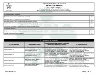 Modelo de Mejora 
SISTEMA INTEGRADO DE GESTION 
PROYECTO FORMATIVO 
F001-P006-GFPI versión 01 
Proceso Gestión de la Formación Profesional Integral 
Procedimiento Ejecución de la Formación Profesional Integral 
2.6 Innovación/Gestión Tecnológica 
El proyecto resuelve una necesidad del sector productivo? SI 
El proyecto mejora el proceso/producto/servicio existente? SI 
El proyecto involucra el uso de nuevas técnicas y tecnologías de proceso? SI 
Los productos finales son susceptibles a protección industrial y/o derechos de autor? SI 
Los productos obtenidos en el proyecto pueden ser posicionados en el mercado? SI 
2.7 Valoración Productiva 
Con el desarrollo del proyecto se puede satisfacer la necesidad de un cliente potencial? SI 
Viabilidad de proyecto para plan de negocio? SI 
3.1. Fases del Proyecto 
3. Planeación del proyecto 
3.2. Actividades del Proyecto 
3.3. Resultados de Aprendizaje Específicos, Transversales 
y Básicos (a partir del programa de formación) 3.4. Competencia Asociada 
DISEÑO Y MONTAJE 
REALIZAR EL DISEÑO, MONTAJE Y 
MANTENIMIENTO LA RED 
436242 - ELABORAR LA DOCUMENTACIÓN 
TÉCNICA DEL PROCESO DE INSTALACIÓN DE UN 
SISTEMA DE CABLEADO ESTRUCTURADO, DE 
ACUERDO CON LAS POLÍTICAS ESTABLECIDAS 
220501012 - IMPLEMENTAR LA ESTRUCTURA DE LA 
RED DE ACUERDO CON UN DISEÑO 
PREESTABLECIDO A PARTIR DE NORMAS 
TÉCNICAS INTERNACIONALES. 
DISEÑO Y MONTAJE 
REALIZAR EL DISEÑO, MONTAJE Y 
MANTENIMIENTO LA RED 
436243 - CERTIFICAR EL SISTEMA DE CABLEADO 
ESTRUCTURADO APLICANDO LAS NORMAS Y 
ESTÁNDARES VIGENTES 
220501012 - IMPLEMENTAR LA ESTRUCTURA DE LA 
RED DE ACUERDO CON UN DISEÑO 
PREESTABLECIDO A PARTIR DE NORMAS 
TÉCNICAS INTERNACIONALES. 
DISEÑO Y MONTAJE 
REALIZAR EL DISEÑO, MONTAJE Y 
MANTENIMIENTO LA RED 
436284 - IDENTIFICAR LOS REQUERIMIENTOS Y 
ESPECIFICACIONES TÉCNICAS DEL PROYECTO 
DE CABLEADO ESTRUCTURADO, MEDIANTE LA 
INTERPRETACIÓN DE PLANOS 
ARQUITECTÓNICOS, CIVILES Y DE RED. 
220501012 - IMPLEMENTAR LA ESTRUCTURA DE LA 
RED DE ACUERDO CON UN DISEÑO 
PREESTABLECIDO A PARTIR DE NORMAS 
TÉCNICAS INTERNACIONALES. 
DISEÑO Y MONTAJE 
REALIZAR EL DISEÑO, MONTAJE Y 
MANTENIMIENTO LA RED 
436285 - DISEÑAR EL SISTEMA DE CABLEADO 
ESTRUCTURADO, DE ACUERDO A ESTÁNDARES 
INTERNACIONALES Y LAS NECESIDADES DEL 
220501012 - IMPLEMENTAR LA ESTRUCTURA DE LA 
RED DE ACUERDO CON UN DISEÑO 
PREESTABLECIDO A PARTIR DE NORMAS 
20/02/14 08:40 PM Página 3 de 15 
 