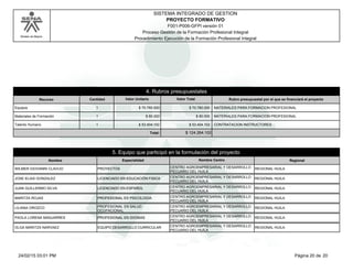 Modelo de Mejora
SISTEMA INTEGRADO DE GESTION
F001-P006-GFPI versión 01
PROYECTO FORMATIVO
Proceso Gestión de la Formación Profesional Integral
Procedimiento Ejecución de la Formación Profesional Integral
4. Rubros presupuestales
Rubro presupuestal por el que se financiará el proyectoRecurso Cantidad Valor Unitario Valor Total
Equipos MATERIALES PARA FORMACION PROFESIONAL$ 70.780.000$ 70.780.0001
Materiales de Formación MATERIALES PARA FORMACION PROFESIONAL$ 80.000$ 80.0001
Talento Humano CONTRATACION INSTRUCTORES$ 53.404.102$ 53.404.1021
Total: $ 124.264.102
Nombre
5. Equipo que participó en la formulación del proyecto
Especialidad Nombre Centro Regional
WILMER GIOVANNI CLAVIJO PROYECTOS CENTRO AGROEMPRESARIAL Y DESARROLLO
PECUARIO DEL HUILA
REGIONAL HUILA
JOSE ELIAS GONZALEZ LICENCIADO EN EDUCACIÓN FISICA CENTRO AGROEMPRESARIAL Y DESARROLLO
PECUARIO DEL HUILA
REGIONAL HUILA
JUAN GUILLERMO SILVA LICENCIADO EN ESPAÑOL CENTRO AGROEMPRESARIAL Y DESARROLLO
PECUARIO DEL HUILA
REGIONAL HUILA
MARITZA ROJAS PROFESIONAL ES PSICOLOGIA CENTRO AGROEMPRESARIAL Y DESARROLLO
PECUARIO DEL HUILA
REGIONAL HUILA
LILIANA OROZCO PROFESIONAL EN SALUD
OCUPACIONAL
CENTRO AGROEMPRESARIAL Y DESARROLLO
PECUARIO DEL HUILA
REGIONAL HUILA
PAOLA LORENA MANJARRES PROFESIONAL EN IDIOMAS CENTRO AGROEMPRESARIAL Y DESARROLLO
PECUARIO DEL HUILA
REGIONAL HUILA
OLGA MARITZA NARVAEZ EQUIPO DESARROLLO CURRICULAR CENTRO AGROEMPRESARIAL Y DESARROLLO
PECUARIO DEL HUILA
REGIONAL HUILA
Página 20 de 2024/02/15 03:01 PM
 