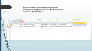 En esta tabla solo hay dos registros porque la
empresa que escogimos solo tiene a dos encargados
incluyendo a la propietaria.
 
