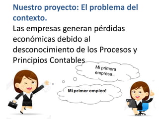 Nuestro proyecto: El problema del
contexto.
Las empresas generan pérdidas
económicas debido al
desconocimiento de los Procesos y
Principios Contables.
 