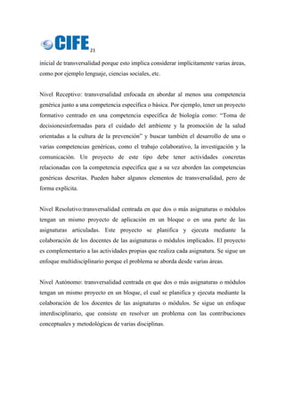 21 
 
inicial de transversalidad porque esto implica considerar implícitamente varias áreas,
como por ejemplo lenguaje, ciencias sociales, etc.
Nivel Receptivo: transversalidad enfocada en abordar al menos una competencia
genérica junto a una competencia específica o básica. Por ejemplo, tener un proyecto
formativo centrado en una competencia específica de biología como: “Toma de
decisionesinformadas para el cuidado del ambiente y la promoción de la salud
orientadas a la cultura de la prevención” y buscar también el desarrollo de una o
varias competencias genéricas, como el trabajo colaborativo, la investigación y la
comunicación. Un proyecto de este tipo debe tener actividades concretas
relacionadas con la competencia específica que a su vez aborden las competencias
genéricas descritas. Pueden haber algunos elementos de transversalidad, pero de
forma explícita.
Nivel Resolutivo:transversalidad centrada en que dos o más asignaturas o módulos
tengan un mismo proyecto de aplicación en un bloque o en una parte de las
asignaturas articuladas. Este proyecto se planifica y ejecuta mediante la
colaboración de los docentes de las asignaturas o módulos implicados. El proyecto
es complementario a las actividades propias que realiza cada asignatura. Se sigue un
enfoque multidisciplinario porque el problema se aborda desde varias áreas.
Nivel Autónomo: transversalidad centrada en que dos o más asignaturas o módulos
tengan un mismo proyecto en un bloque, el cual se planifica y ejecuta mediante la
colaboración de los docentes de las asignaturas o módulos. Se sigue un enfoque
interdisciplinario, que consiste en resolver un problema con las contribuciones
conceptuales y metodológicas de varias disciplinas.
 