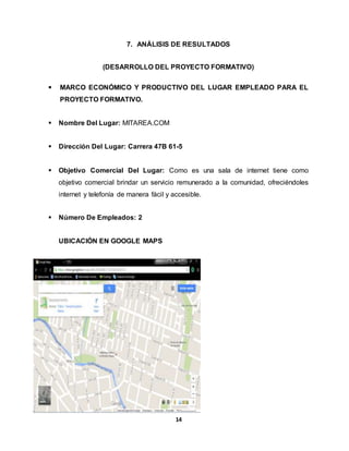 7. ANÁLISIS DE RESULTADOS 
(DESARROLLO DEL PROYECTO FORMATIVO) 
 MARCO ECONÓMICO Y PRODUCTIVO DEL LUGAR EMPLEADO PARA EL 
14 
PROYECTO FORMATIVO. 
 Nombre Del Lugar: MITAREA.COM 
 Dirección Del Lugar: Carrera 47B 61-5 
 Objetivo Comercial Del Lugar: Como es una sala de internet tiene como 
objetivo comercial brindar un servicio remunerado a la comunidad, ofreciéndoles 
internet y telefonía de manera fácil y accesible. 
 Número De Empleados: 2 
UBICACIÓN EN GOOGLE MAPS 
 