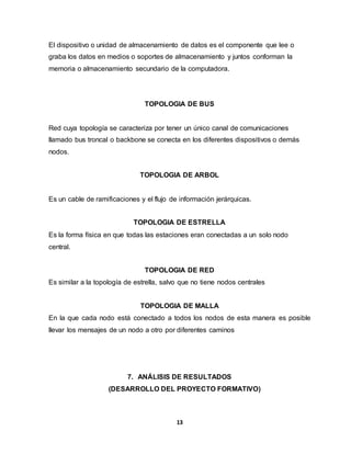 El dispositivo o unidad de almacenamiento de datos es el componente que lee o 
graba los datos en medios o soportes de almacenamiento y juntos conforman la 
memoria o almacenamiento secundario de la computadora. 
TOPOLOGIA DE BUS 
Red cuya topología se caracteriza por tener un único canal de comunicaciones 
llamado bus troncal o backbone se conecta en los diferentes dispositivos o demás 
nodos. 
TOPOLOGIA DE ARBOL 
Es un cable de ramificaciones y el flujo de información jerárquicas. 
TOPOLOGIA DE ESTRELLA 
Es la forma física en que todas las estaciones eran conectadas a un solo nodo 
central. 
TOPOLOGIA DE RED 
Es similar a la topología de estrella, salvo que no tiene nodos centrales 
TOPOLOGIA DE MALLA 
En la que cada nodo está conectado a todos los nodos de esta manera es posible 
llevar los mensajes de un nodo a otro por diferentes caminos 
7. ANÁLISIS DE RESULTADOS 
(DESARROLLO DEL PROYECTO FORMATIVO) 
13 
 