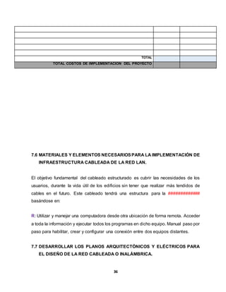 36 
TOTAL 
TOTAL COSTOS DE IMPLEMENTACIÓN DEL PROYECTO 
7.6 MATERIALES Y ELEMENTOS NECESARIOS PARA LA IMPLEMENTACIÓN DE 
INFRAESTRUCTURA CABLEADA DE LA RED LAN. 
El objetivo fundamental del cableado estructurado es cubrir las necesidades de los 
usuarios, durante la vida útil de los edificios sin tener que realizar más tendidos de 
cables en el futuro. Este cableado tendrá una estructura para la ############# 
basándose en: 
R: Utilizar y manejar una computadora desde otra ubicación de forma remota. Acceder 
a toda la información y ejecutar todos los programas en dicho equipo. Manual paso por 
paso para habilitar, crear y configurar una conexión entre dos equipos distantes. 
7.7 DESARROLLAR LOS PLANOS ARQUITECTÓNICOS Y ELÉCTRICOS PARA 
EL DISEÑO DE LA RED CABLEADA O INALÁMBRICA. 
 