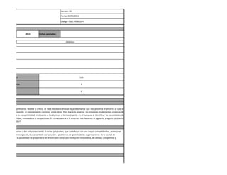 2013 
Fichas asociadas: 
Versión: 02 
Fecha: 30/09/2013 
Código: F001-P006-GFPI 
8 
alcanzan con el proyecto1.9.3 con el proyecto: acionesypropiciarunambientedeaprendizajesignificativo,flexibleycritico,sehacenecesarioevaluarlaproblematicaquenospresentaelentornoalqueseenfrentanlasorganizaciones.laglobalización,lacalidad,lainnovación,elmejoramientocontinuo,entreotros.Paralograrloanterior,lasempresasimplementanprocesosdegestiónynecesitandeprofesionalesidoneosycapaces,buscaofrecersolucionesdesdelasaulasqueapuntenalacompetitividad,motivandoalosalumnosalainvestigaciónenelcampus;alidentificarlasnecesidadesdediseñoeimplementacióndeunSistemadeDiagnósticosEspecíficosdeacuerdoalosModelosdeGestiónmdelaOrganizyquedeestamanerapuedanproyectarsecomoinstitucionesdecalidad,innovadorasycompetitivas.Enconsecuenciaaloanterior,noshacemoslasiguientepreguntaproblema Gestiónm de la Organización? Atlántico 
alcanzan con el proyecto: 
126 
de identificar problemas y dar soluciones reales al sector productivo, que contribuya con una mayor competitividad, de mejorar de proyectos de investigación, busca también dar solución a problemas de gestión de las organizaciones de la ciudad de calidad de su servicio y la posibilidad de proyectarse en el mercado como una institución innovadora, de calidad, competitiva y 4  