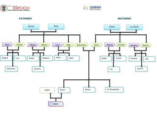 Daniel
PATERNO MATERNO
Ramón
Ester Misael Juan Marcelino AmparoAlegríaOlgaNieves AlonsoErnestoRosa
Rosa Luz MaríaRafael
Ángela Luis Alexis Rebeca Sofía Raúl
Sebastián Carmen
Efraín
Luz Jazmín
JoelVanesaEvelinRobín
Yo (Elizabeth)NancyJudith
Jolzin
 