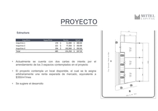 • Actualmente se cuenta con dos cartas de interés por el
arrendamiento de los 3 espacios contemplados en el proyecto
• El proyecto contempla un local disponible, el cual se le asigna
arbitrariamente una renta esperada de mercado, equivalente a
$350/m2/mes
• Se sugiere el desarrollo
PROYECTO
Estructura
Inquilino Superficie Renta R/m2
Inquilino 1 170 51,000$ 300.00$
Inquilino 2 221 77,350$ 350.00$
Inquilino 3 294 102,900$ 350.00$
Total 685 231,250 337.59$
 