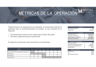 Posteriormente a la adquisición de la propiedad, el inversionista iniciará las
gestiones para el acondicionamiento los locales, la cual consistirá en lo
siguiente:
• El inversionista incurrirá en los costos para la fusión del predio
• Permisos y gestorías para la construcción
El riesgo de construcción será incurrido por el inversionista
El proyecto consiste en la compra y construcción de una plaza de serviciosInquilinos
MÉTRICAS DE LA OPERACIÓN
Año
Trimestre 1 2 3 4 5 6 7 8
Firma del contrato de arrendamiento y escrituración
Construcción
Plazo de gracia
Inicio de rentas
1 2
Superficie del terreno 905
Uso de suelo HO/8/20/Z
Precio del terreno 23,000,000.00$
Costo de la construcción 3,535,000.00$
Gastos diversos y consultoría 2,000,000.00$
Costo total del proyecto 28,535,000.00$
Términos de arrendamiento
Superficie rentable 685
Renta mínima esperada mensual 231,250.0$
Renta mínima esperada anual 2,775,000.0$
Renta/m2/mes 337.6$
Métricas financieras
Cap rate bruto 9.72%
TIR 11.90%
Cap rate bruto términal 8.72%
Propiedad
Proyecto
 