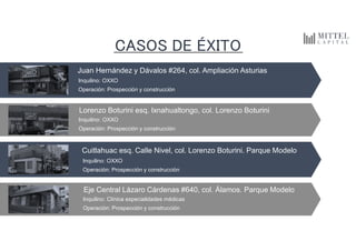 CASOS DE ÉXITO
Juan Hernández y Dávalos #264, col. Ampliación Asturias
Inquilino: OXXO
Operación: Prospección y construcción
Lorenzo Boturini esq. Ixnahualtongo, col. Lorenzo Boturini
Inquilino: OXXO
Operación: Prospección y construcción
Cuitlahuac esq. Calle Nivel, col. Lorenzo Boturini. Parque Modelo
Inquilino: OXXO
Operación: Prospección y construcción
Eje Central Lázaro Cárdenas #640, col. Álamos. Parque Modelo
Inquilino: Clínica especialidades médicas
Operación: Prospección y construcción
 