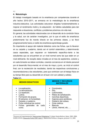1 2

4. Metodología
El trabajo investigado basado en la enseñanza por competencias durante el
año lectivo 2010–2011, se enmarca en la metodología de la enseñanza
inductivo-deductiva. Las actividades estuvieron dirigidas fundamentalmente a
mejorar el rendimiento motriz y la adquisición de hábitos saludables para dar
respuesta a situaciones, conflictos y problemas próximos a la vida real.
En general, las actividades relacionadas con el desarrollo de la condición física
y la salud, son de carácter investigativo, por lo que el estilo de enseñanza
predominante fue de mando directo en las primeras clases, y se llevó
progresivamente hacia un estilo de enseñanza-aprendizaje guiado.
Es importante el apoyo del material didáctico como las fichas, que lo llevaron
en su carpeta y cuaderno, dando así el control sistemático y determinando
casos especiales, que requieran un tratamiento específico–tanto a las
estudiantes que se encuentren en un nivel normal como las que estén en un
nivel deficiente. Se recopilo datos iníciales en el mes de septiembre, octubre y
en cada bimestre se daban controles, creando conciencia en el interés personal
por el desarrollo físico-mental; en el mes de mayo y junio, se inició el control
final, con la recolección de resultados, dando las respectivas conclusiones y
recomendaciones a las estudiantes, para que continúen con el trabajo físico en
su tiempo libre para su desarrollo en el buen vivir con calidad y calidez.
Tabla 3.1.
                                                          MEDIOS Y RECURSOS
          MEDIOS DIDÁCTICOS
                                                             MATERIALES

         La explicación.                                Cronómetro.
         La demostración.                               Pito.
         La repetición.                                 Colchonetas.
         Lúdica.                                        Platos de señalización.
         Formación de grupos.                           Canchas deportivas.
         El esfuerzo, la honestidad.                    Cajones para aeróbicos.
         Carpeta y cuaderno.                            Graderío del coliseo.
         Ficha individual de control.                   Cinta métrica.
         Fichas generales de cada                       Báscula.
          curso.                                         Libros, internet, etc.….



1
 Proyecto de Experimentación “Innovaciones Pedagógicas” Colegio Simón Bolívar, Quito, 2005–2008.
2EDELVIVES, Educación Física, ESO: curso 1, Material del Profesor, Zaragoza, proyecto 2.2, 2002

                                                                                               19
 