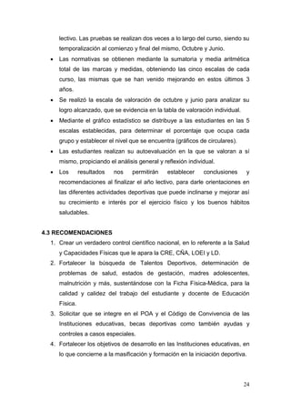 lectivo. Las pruebas se realizan dos veces a lo largo del curso, siendo su
      temporalización al comienzo y final del mismo, Octubre y Junio.
     Las normativas se obtienen mediante la sumatoria y media aritmética
      total de las marcas y medidas, obteniendo las cinco escalas de cada
      curso, las mismas que se han venido mejorando en estos últimos 3
      años.
     Se realizó la escala de valoración de octubre y junio para analizar su
      logro alcanzado, que se evidencia en la tabla de valoración individual.
     Mediante el gráfico estadístico se distribuye a las estudiantes en las 5
      escalas establecidas, para determinar el porcentaje que ocupa cada
      grupo y establecer el nivel que se encuentra (gráficos de circulares).
     Las estudiantes realizan su autoevaluación en la que se valoran a sí
      mismo, propiciando el análisis general y reflexión individual.
     Los       resultados   nos   permitirán    establecer    conclusiones     y
      recomendaciones al finalizar el año lectivo, para darle orientaciones en
      las diferentes actividades deportivas que puede inclinarse y mejorar así
      su crecimiento e interés por el ejercicio físico y los buenos hábitos
      saludables.


4.3 RECOMENDACIONES
  1. Crear un verdadero control científico nacional, en lo referente a la Salud
      y Capacidades Físicas que le apara la CRE, CÑA, LOEI y LD.
  2. Fortalecer la búsqueda de Talentos Deportivos, determinación de
      problemas de salud, estados de gestación, madres adolescentes,
      malnutrición y más, sustentándose con la Ficha Física-Médica, para la
      calidad y calidez del trabajo del estudiante y docente de Educación
      Física.
  3. Solicitar que se integre en el POA y el Código de Convivencia de las
      Instituciones educativas, becas deportivas como también ayudas y
      controles a casos especiales.
  4. Fortalecer los objetivos de desarrollo en las Instituciones educativas, en
      lo que concierne a la masificación y formación en la iniciación deportiva.




                                                                                24
 