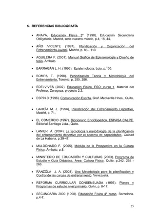 5. REFERENCIAS BIBLIOGRAFÍA

     ANAYA, Educación Física 3º (1998). Educación                Secundaria
      Obligatoria, Madrid, serie nuestro mundo, p.4, 18, 44.

     AÑO VICENTE (1997), Planificación               y    Organización   del
      Entrenamiento Juvenil, Madrid, p. 83 - 113

     AGUILERA F. (2001). Manual Gráfico de Epistemología y Diseño de
      tesis, Ambato.

     BARRAGÁN L. H. (1996). Epistemología, Loja, p.105.

     BOMPA T. (1998). Periodización         Teoría       y Metodología   del
      Entrenamiento, Toronto, p. 285, 286.

     EDELVIVES (2002). Educación Física, ESO: curso 1, Material del
      Profesor, Zaragoza, proyecto 2.2.

     ESPÍN B (1996). Comunicación Escrita, Graf. Mediavilla Hnos., Quito.


     GARCÍA M. J. (1996), Planificación del Entrenamiento Deportivo,
      Madrid, p. 71.

     EL COMERCIO (1997), Diccionario Enciclopédico. ESPASA CALPE,
      Editorial Santiago Ltda., Quito.

     LANIER A. (2004). La tecnología y metodología de la planificación
      del entrenamiento deportivo por el sistema de capacidades, Cuidad
      de La Habana, p.39-47.

     MALDONADO F. (2005), Módulo de la Prospectiva en la Cultura
      Física, Ambato, p.8.

     MINISTERIO DE EDUCACIÓN Y CULTURAS (2003). Programa de
      Estudio y Guía Didáctica, Área: Cultura Física, Quito, p.242, 258 -
      266.

     RANZOLA J. A. (2003), Una Metodología para la planificación y
      Control de las cargas de entrenamiento, Venezuela.

     REFORMA CURRICULAR CONSENSUADA (1997).                       Planes y
      Programas de estudio nivel primario, Quito, p. 8-17.

     SECUNDARIA 2000 (1998). Educación Física 4º curso, Barcelona,
      p.4-7.

                                                                          25
 