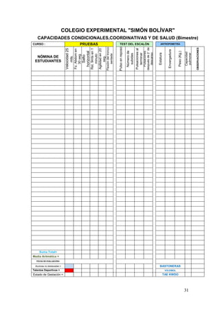 COLEGIO EXPERIMENTAL "SIMÓN BOLÍVAR"
   CAPACIDADES CONDICIONALES,COORDINATIVAS Y DE SALUD (Bimestre)
CURSO :                                             PRUEBAS                                                  TEST DEL ESCALÓN                                                     ANTROPOMETRÍA




                                                                                                             Pulso en reposo
                                                                                        Flexión del tronco




                                                                                                                                                            después de 2´ de




                                                                                                                                                                                                                                    OBSERVACIONES
                                                                       Rst. 9mts en 1




                                                                                                                                           Pulsaciones al
                            Velocidad 25




                                                                       Agilidad en 20
                                           Fz. Abdom en




                                                                                                                                                                                             Envergadura
                                                                                                                               Número de
                                                          horizontal




                                                                                                                                                              Pulsaciones




                                                                                                                                                                                                           Peso (Kg.)
                                                                                                                                                                                                                        Capacidad
                                                                                                                                                               descanso


                                                                                                                                                                               Estatura




                                                                                                                                                                                                                        pulmonar
                                                                                                                                              terminar
                                                                                                                                subidas
                                              30 seg.




                                                                                             sentada
                                                                           minuto
                                                            Salto
  NÓMINA DE



                                mts.




                                                                             seg.
 ESTUDIANTES




     Suma Total=
Media Aritmética =
  FECHA DE EVALUACIÓN=

 Alumnas no destacadas =                                                                                                                                                         BASTONERAS
Talentos Deportivos =                                                                                                                                                                      VOLEIBOL
Estado de Gestación =                                                                                                                                                                     TAE KWDO




                                                                                                                                                                                                                        31
 