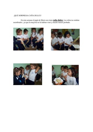 ¡QUÉ SORPRESA CAÑA DULCE!
En esta semana el papá de Mario nos trajo caña dulce. Los niños/as estaban
asombrados , ya que la mayoría no la habían visto y mucho menos probado.

 
