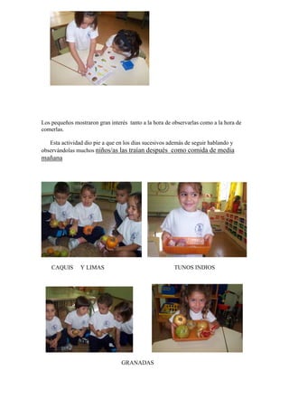 Los pequeños mostraron gran interés tanto a la hora de observarlas como a la hora de
comerlas.
Esta actividad dio pie a que en los días sucesivos además de seguir hablando y
observándolas muchos niños/as las traían después como comida de media

mañana

CAQUIS

Y LIMAS

TUNOS INDIOS

GRANADAS

 
