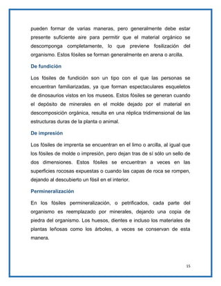 pueden formar de varias maneras, pero generalmente debe estar
presente suficiente aire para permitir que el material orgánico se
descomponga completamente, lo que previene fosilización del
organismo. Estos fósiles se forman generalmente en arena o arcilla.
De fundición
Los fósiles de fundición son un tipo con el que las personas se
encuentran familiarizadas, ya que forman espectaculares esqueletos
de dinosaurios vistos en los museos. Estos fósiles se generan cuando
el depósito de minerales en el molde dejado por el material en
descomposición orgánica, resulta en una réplica tridimensional de las
estructuras duras de la planta o animal.
De impresión
Los fósiles de imprenta se encuentran en el limo o arcilla, al igual que
los fósiles de molde o impresión, pero dejan tras de sí sólo un sello de
dos dimensiones. Estos fósiles se encuentran a veces en las
superficies rocosas expuestas o cuando las capas de roca se rompen,
dejando al descubierto un fósil en el interior.
Permineralización
En los fósiles permineralización, o petrificados, cada parte del
organismo es reemplazado por minerales, dejando una copia de
piedra del organismo. Los huesos, dientes e incluso los materiales de
plantas leñosas como los árboles, a veces se conservan de esta
manera.

15

 