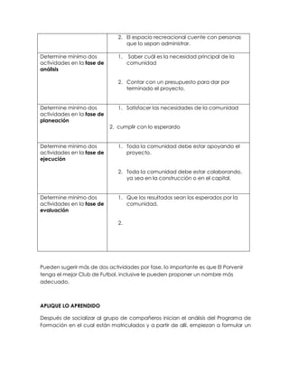 2. El espacio recreacional cuente con personas
que lo sepan administrar.
Determine mínimo dos
actividades en la fase de
análisis

1.

Saber cuál es la necesidad principal de la
comunidad

2. Contar con un presupuesto para dar por
terminado el proyecto.

Determine mínimo dos
actividades en la fase de
planeación

1. Satisfacer las necesidades de la comunidad
2. cumplir con lo esperardo

Determine mínimo dos
actividades en la fase de
ejecución

1. Toda la comunidad debe estar apoyando el
proyecto.
2. Toda la comunidad debe estar colaborando,
ya sea en la construcción o en el capital.

Determine mínimo dos
actividades en la fase de
evaluación

1. Que los resultados sean los esperados por la
comunidad.
2.

Pueden sugerir más de dos actividades por fase, lo importante es que El Porvenir
tenga el mejor Club de Futbol, inclusive le pueden proponer un nombre más
adecuado.

APLIQUE LO APRENDIDO
Después de socializar al grupo de compañeros inician el análisis del Programa de
Formación en el cual están matriculados y a partir de allí, empiezan a formular un

 