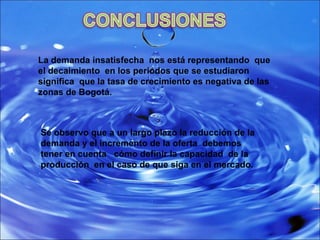 La demanda insatisfecha  nos está representando  que el decaimiento  en los periodos que se estudiaron significa  que la tasa de crecimiento es negativa de las zonas de Bogotá. Se observo que a un largo plazo la reducción de la demanda y el incremento de la oferta  debemos tener en cuenta  cómo definir la capacidad  de la producción  en el caso de que siga en el mercado. 