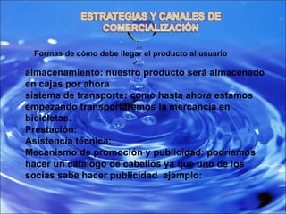 Formas de cómo debe llegar el producto al usuario almacenamiento: nuestro producto será almacenado en cajas por ahora  sistema de transporte: como hasta ahora estamos empezando transportaremos la mercancía en bicicletas. Prestación: Asistencia técnica: Mecanismo de promoción y publicidad: podríamos hacer un catalogo de cabellos ya que uno de los socias sabe hacer publicidad  ejemplo: 