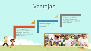 Permitir jugar roles de
exploradores, científicos,
ingenieros, médicos o
geógrafos, como un recurso
didáctico único.
Despertar el interés y la
motivación de los
estudiantes.
Procesos más atractivos,
fáciles de comprender e
interesantes por su cercanía
con la realidad.
Ventajas
 