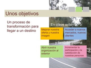 Unos objetivos
Un proceso de
                              En clave externa
transformación para
                      Mejorar nuestra    Acceder a nuevos
llegar a un destino   oferta y nuestra   mercados, nuevos
                      imagen             clientes

                              … y también interna
                      Abrir nuestra      Incrementar la
                      organización al    participación y la
                      exterior           satisfacción de
                                         nuestras personas
 
